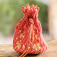 Cotton macramé pouch, 'Tropical Citrus' - Cotton Macramé Drawstring Pouch with Wood Base