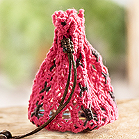 Cotton macramé pouch, 'Tropical Pink' - Cotton Macramé Drawstring Pouch with Wood Base