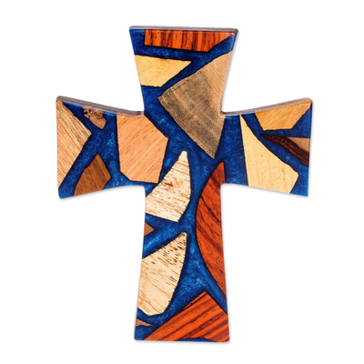 Reclaimed wood cross, 'Heaven's Faith' - Reclaimed Wood Wall Cross in Natural Colors and Blue Resin