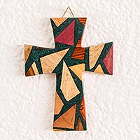Reclaimed wood cross, 'Forest Faith' - Reclaimed Wood Wall Cross in Natural Colors and Green Resin