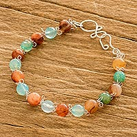 Agate beaded bracelet, 'Caribbean Morning' - Agate-Beaded Link Bracelet in Amber and Blue Tones