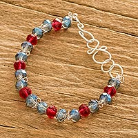 Crystal beaded bracelet, 'Heavenly Silver Fireworks' - Light-Blue and Dark-Red Crystal-Beaded Bracelet with Hook