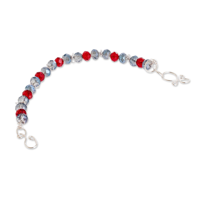 Crystal beaded bracelet, 'Heavenly Silver Fireworks' - Light-Blue and Dark-Red Crystal-Beaded Bracelet with Hook