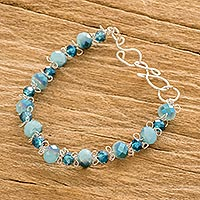 Crystal beaded bracelet, 'Pacific Silver Costa' - Aquamarine-Colored Crystal Bead Bracelet with Hook Clasp