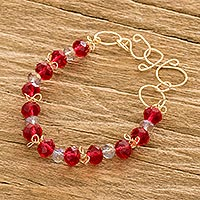 Crystal bead bracelet, 'Cherry Costa' - Cherry-Red and Clear Crystal-Beaded Bracelet with Hook Clasp