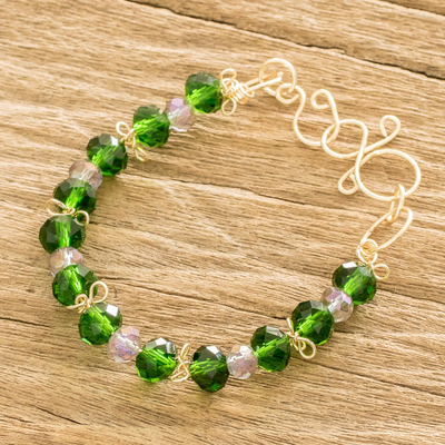 Crystal beaded bracelet, 'Costa Monteverde' - Green and Clear Crystal Beaded Bracelet with Copper Wire