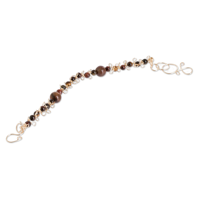 Tiger's eye and agate beaded bracelet, 'Costa Tiger' - Tiger's Eye and Agate Beaded Bracelet with Intricate Clasp