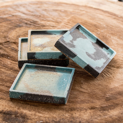 Molded Cement Square Coasters in Blue and Black (Set of 4