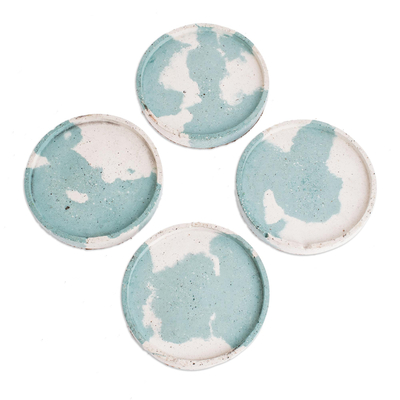 Cement coasters, 'Light Clouds' (set of 4) - Molded Cement Round Coasters in Blue and White (Set of 4)