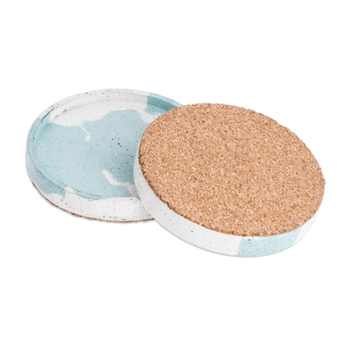 Cement coasters, 'Light Clouds' (set of 4) - Molded Cement Round Coasters in Blue and White (Set of 4)