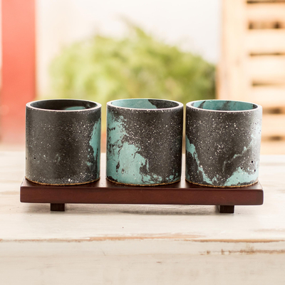 Concrete flower pots, 'Rustic Granite' (set of 3) - Shabby Chic-Inspired Flower Pots on Mahogany Base (Set of 3)