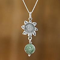 Jade pendant necklace, 'Mayan Flower' - Sterling Silver Flower Pendant Necklace with Jade Bead