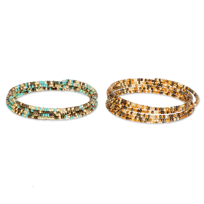 Blue and Gold Glass Beaded Wire Wrap Bracelets (Pair)