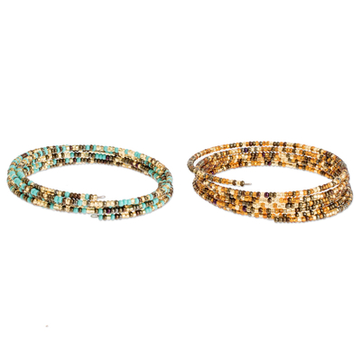 Beaded wrap bracelets, 'Sea and Sand' (pair) - Blue and Gold Glass Beaded Wire Wrap Bracelets (Pair)