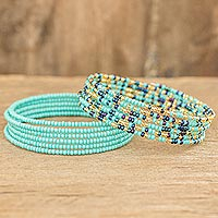 Beaded wrap bracelets, 'Aqua Spirals' (pair) - Glass Beaded Bracelets in Aqua and Other Colors (Pair)