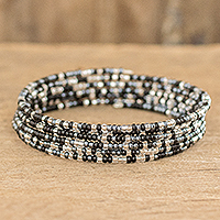 Beaded wrap bracelet, 'Volcano Ice' - Black Grey and Clear Glass Beaded Steel Wire Bracelet