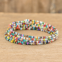 Beaded wrap bracelet, 'Multicolor Menagerie' - Multicolor Glass Beaded Stainless Steel Wire Coiled Bracelet