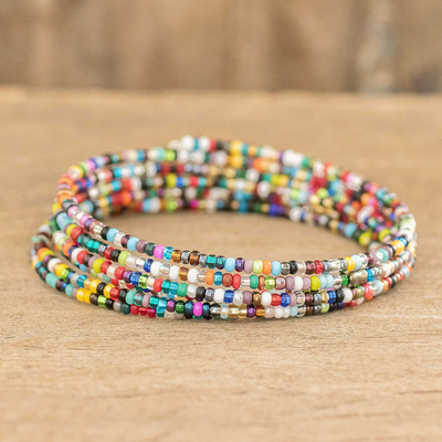 Beaded wrap bracelet, 'Multicolour Menagerie' - Multicolour Glass Beaded Stainless Steel Wire Coiled Bracelet