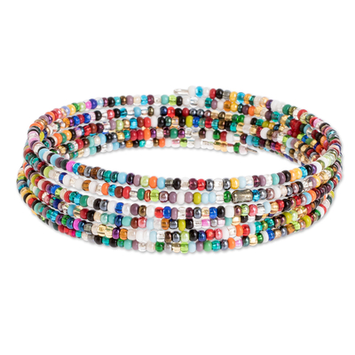 Beaded wrap bracelet, 'Multicolor Menagerie' - Multicolor Glass Beaded Stainless Steel Wire Coiled Bracelet