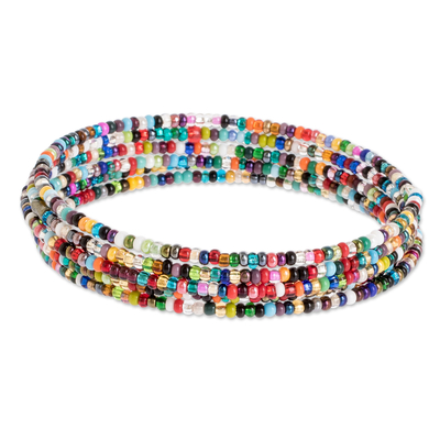Beaded wrap bracelet, 'Multicolour Menagerie' - Multicolour Glass Beaded Stainless Steel Wire Coiled Bracelet