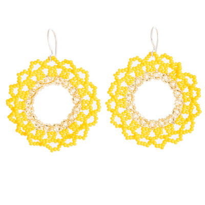 Beaded dangle earrings, 'Solar Glow' - Yellow and White Beaded Sunflower Dangle Earrings with Hooks