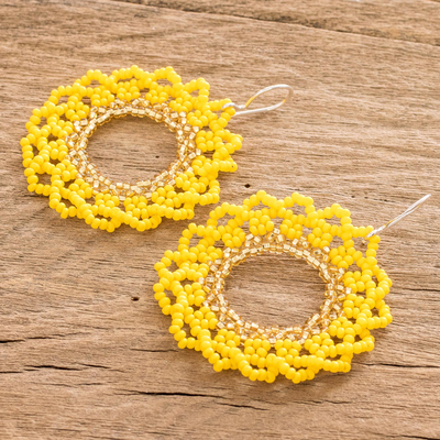 Beaded dangle earrings, 'Solar Glow' - Yellow and White Beaded Sunflower Dangle Earrings with Hooks