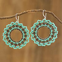 Beaded dangle earrings, 'Water Glow' - Aqua Blue and Bronze Colored Beaded Dangle Earrings