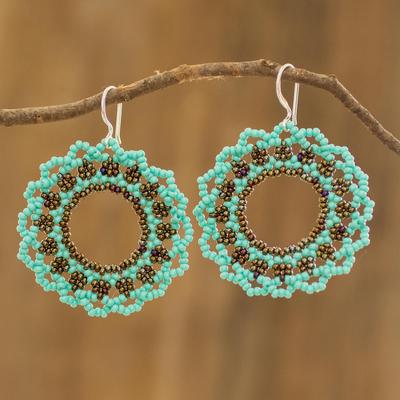 Beaded dangle earrings, 'Water Glow' - Aqua Blue and Bronze Colored Beaded Dangle Earrings