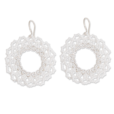Beaded dangle earrings, 'Icy Glow' - White Glass Beaded Dangle Earrings with Sterling Silver