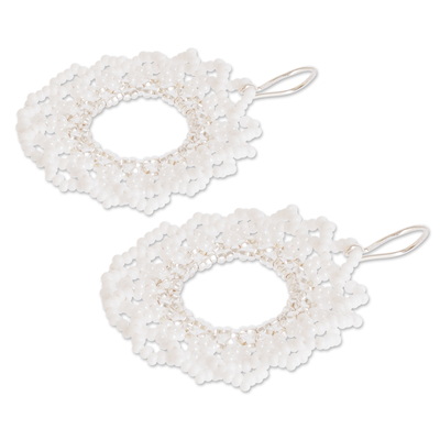 Beaded dangle earrings, 'Icy Glow' - White Glass Beaded Dangle Earrings with Sterling Silver