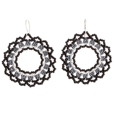 Beaded dangle earrings, 'Shadow Glow' - Black Metallic and Clear Beaded Dangle Earrings