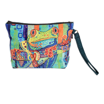 Multicoloured wristlet bag, 'Wild Fauna' - Handmade Multicoloured Wristlet Bag with a Frog Motif