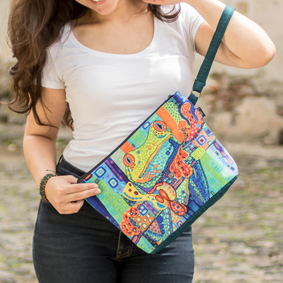 Multicolored wristlet bag, 'Wild Fauna' - Handmade Multicolored Wristlet Bag with a Frog Motif