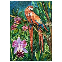 'Macaws in the Forest' (2021) - Original Signed Painting of Scarlet Macaws in Costa Rica