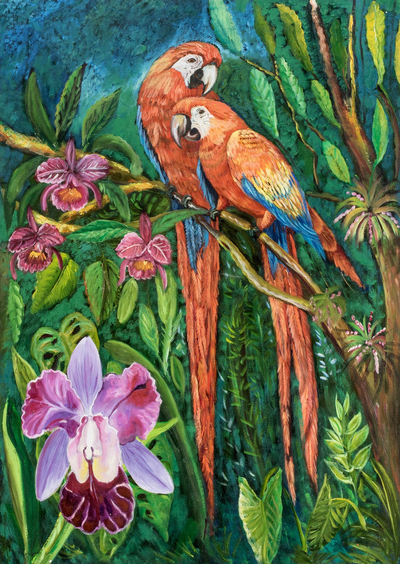 Original Signed Painting of Scarlet Macaws in Costa Rica