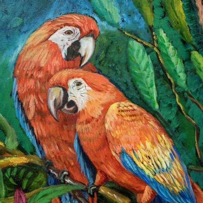 „Aras im Wald“ (2021) – Original signiertes Gemälde von scharlachroten Aras in Costa Rica