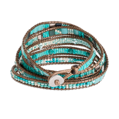 Beaded wrap bracelet, 'Atitlan Waves' - Blue Hand-Beaded Wrap Bracelet