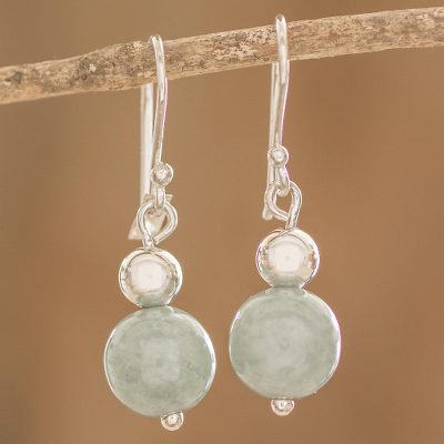 Jade dangle earrings, 'Double Moon in Light Green' - Handcrafted Jade Bead Dangle Earrings