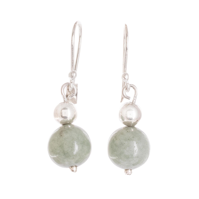 Jade dangle earrings, 'Double Moon in Light Green' - Handcrafted Jade Bead Dangle Earrings