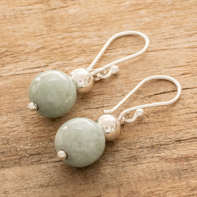 Jade dangle earrings, 'Double Moon in Light Green' - Handcrafted Jade Bead Dangle Earrings
