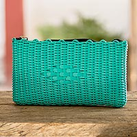 Handwoven cosmetic bag, 'Textured Turquoise' - Recycled Central American Turquoise Plastic Cosmetic Bag
