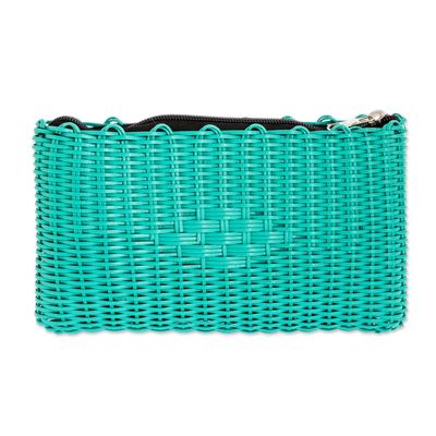 Handwoven cosmetic bag, 'Textured Turquoise' - Recycled Central American Turquoise Cosmetic Bag