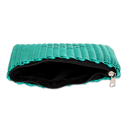 Bolsa cosmética tejida a mano, 'Turquesa texturizada' - Bolsa cosmética reciclada de color turquesa centroamericano