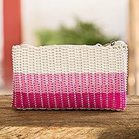 Handwoven cosmetic bag, 'Strawberry Cream' - Recycled Central American Plastic Cosmetic Bag in Pink