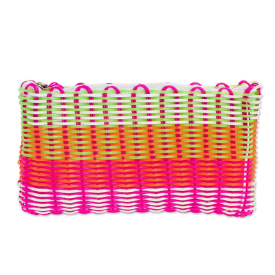 Handwoven cosmetic bag, 'Lollipop Swirl' - Recycled Central American Plastic Cosmetic Bag in Pink