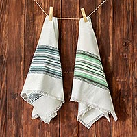 Paños de cocina de algodón, 'Colores del bosque' (par) - Dos paños de cocina de algodón guatemalteco blanco y verde tejidos a mano
