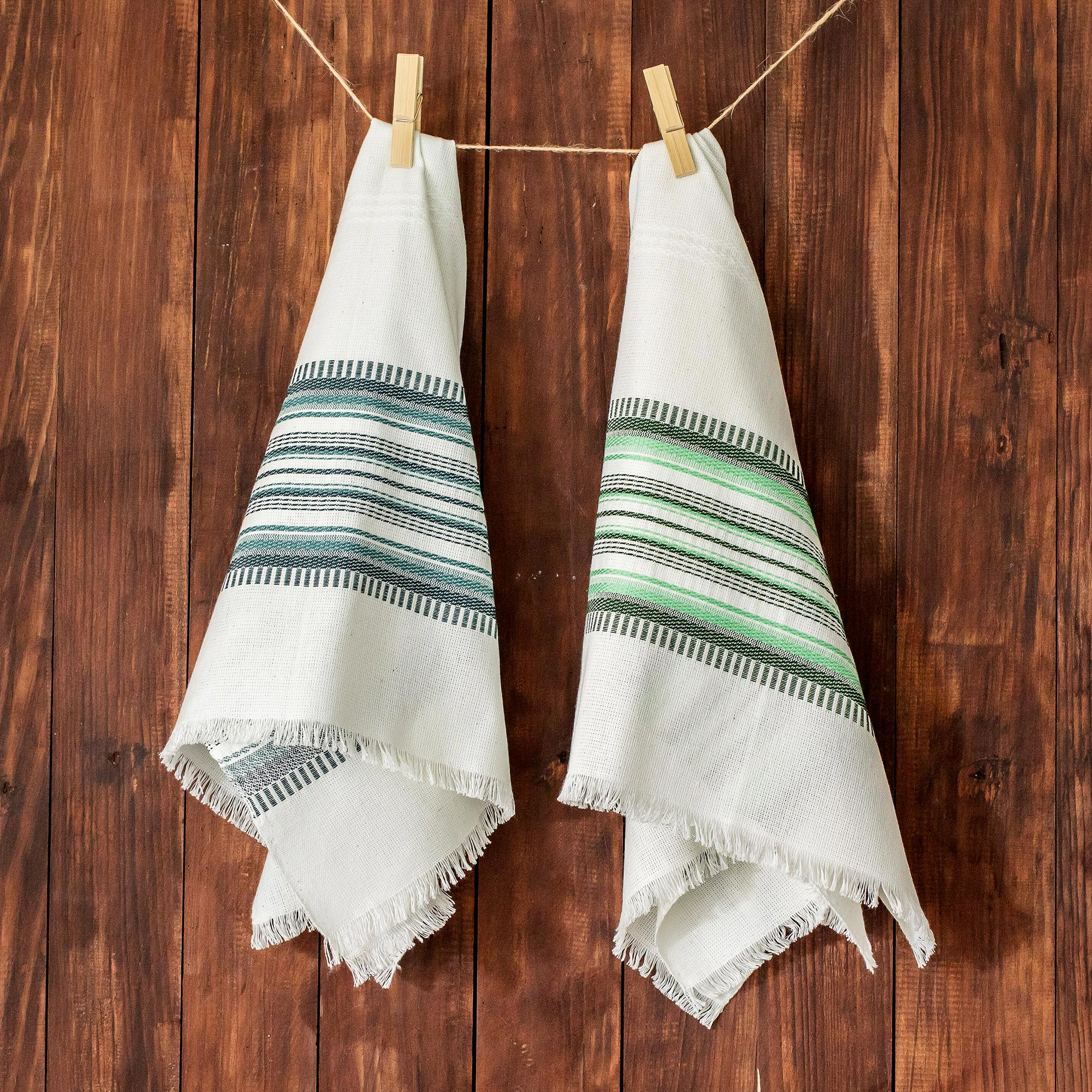 Two Handwoven Guatemalan White and Green Cotton Dish Towels