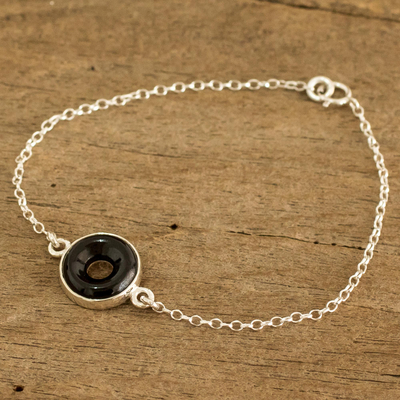 Jade pendant bracelet, 'Cosmic Eternity' - Black Jade Sterling Silver Pendant Bracelet from Guatemala