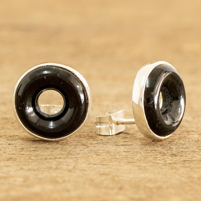 Jade button earrings, 'Cosmic Eternity' - Black Jade Sterling Silver Button Earrings from Guatemala