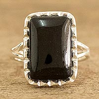 Jade cocktail ring, 'Black Reflection' - Sterling Silver Ring with Black Jade Stone from Guatemala